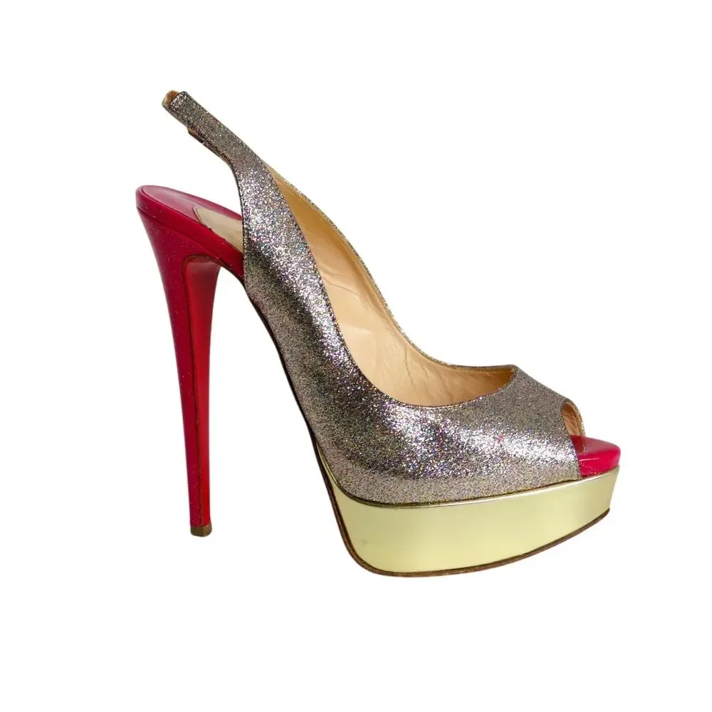 Christian Louboutin Lady Peep Slingback Glitter Pumps Platine Gold Pink Red 36.5